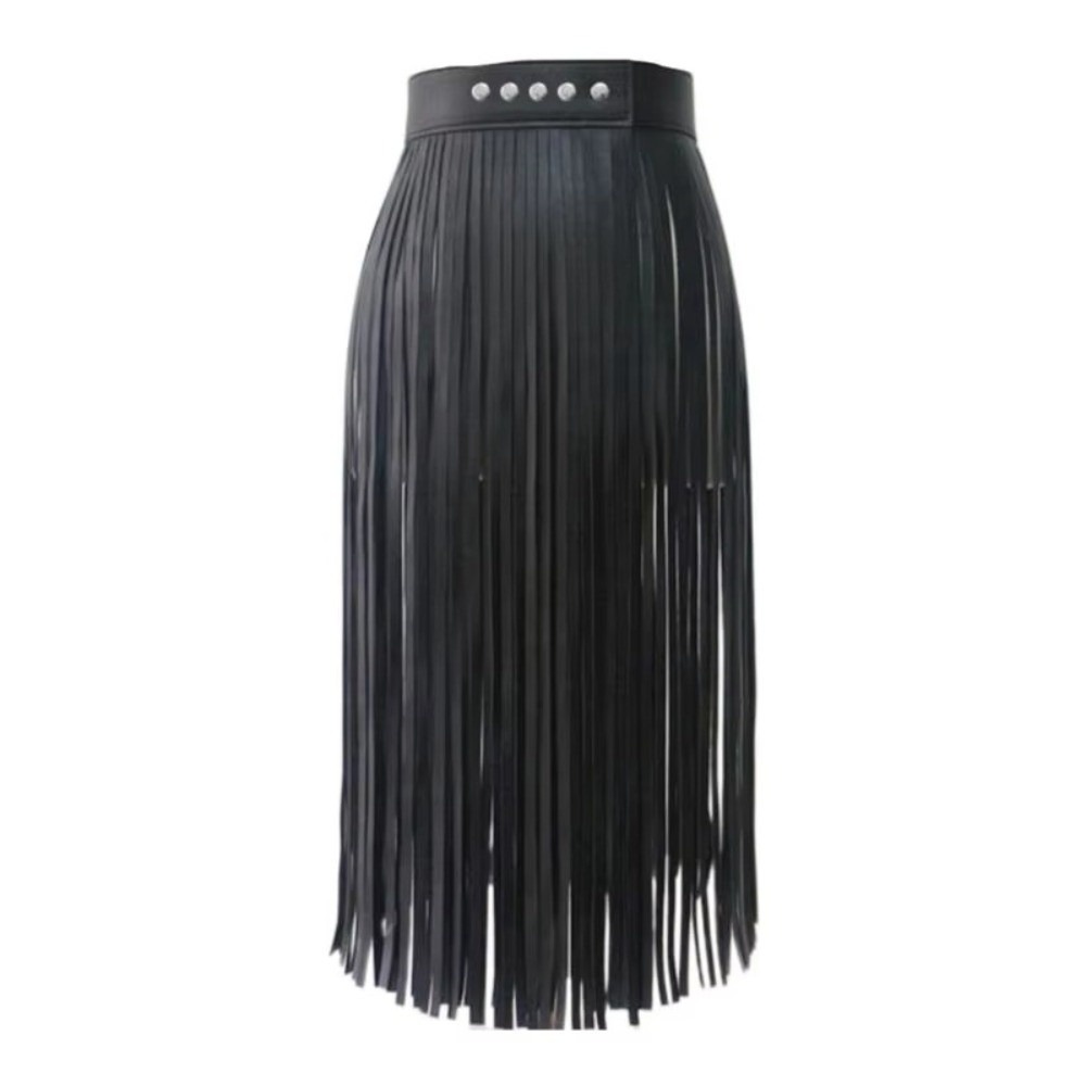 Tassel Fringe Trim - تنورة طويلة بخصر مرتفع من الجلد
